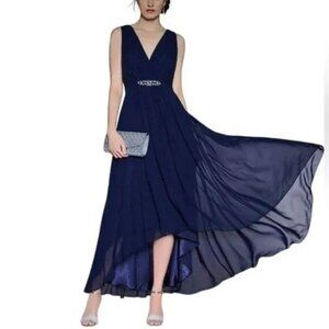 Eliza J Worn Once Women's Embellished High/Low Chiffon Dress size 10 Navy